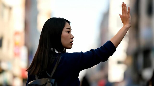 Beautiful asian woman with a backpack raising her hand to stop traffic or hail a taxi in a city street, motion footage.