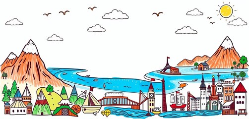 Whimsical hand-drawn doodles of geographical elements including mountains, rivers, oceans, and landmarks, art, compass