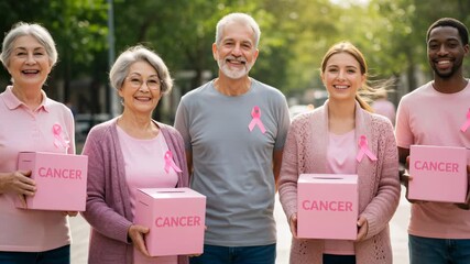 Happy men and women wearing pink ribbons and holding cancer charity boxes, collecting donations for a cause, footage.