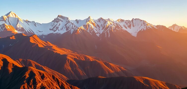 Majestic mountain range at sunrise, snow-capped peaks reflecting golden light, alpine, peaks
