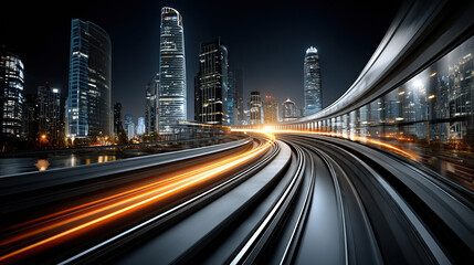 Futuristic cityscape with blurred motion lights on urban railway at night, city railroad