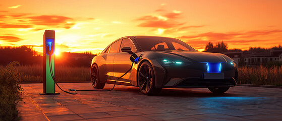 Sleek electric car charging at sunset station with glowing lights in scenic landscape