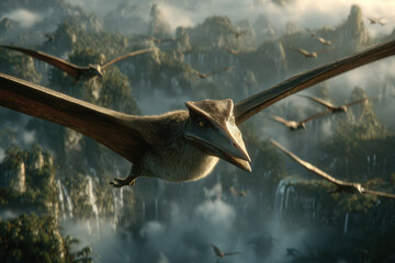 Close-up of pterosaurs soaring over misty prehistoric jungle with lush greenery and dramatic mountain landscape in the background