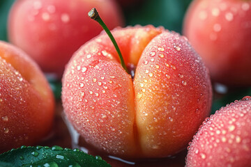 Fresh dew-covered peaches with stems on green leaves highlight ripe juicy summer fruit