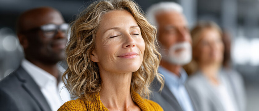 Panoramic view of diverse group meditating peacefully, people with closed eyes in a calm setting, serene expressions, concept of training, team and harmony.