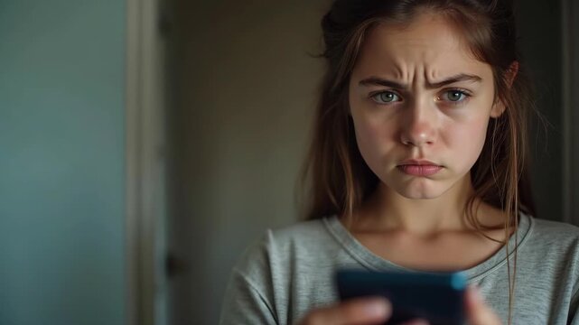 Young person frowning at phone camera, forehead lines visible
