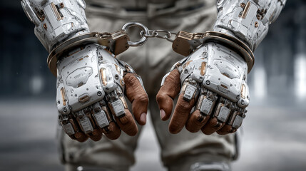 Futuristic cyborg criminal in handcuffs symbolizing advanced technology and crime prevention, robots in future
