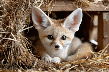 Adorable fennec fox pup nestled in straw showing off large ears and curious gaze in rustic setting