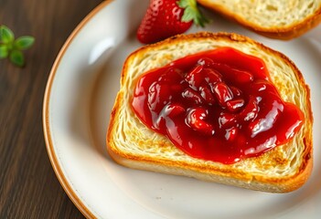 Golden, buttery toast spread with thick strawberry jam, gooey, brown