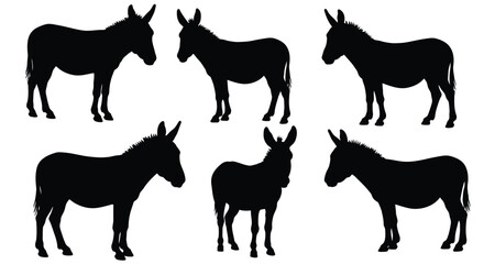 Silhouette collection featuring six different donkey poses in black and white