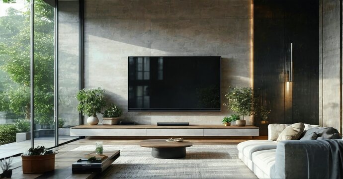 Minimalist glossy screen television off elegant home lounge with daylight window