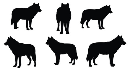 Silhouettes of wolves in various poses a wildlife illustration style