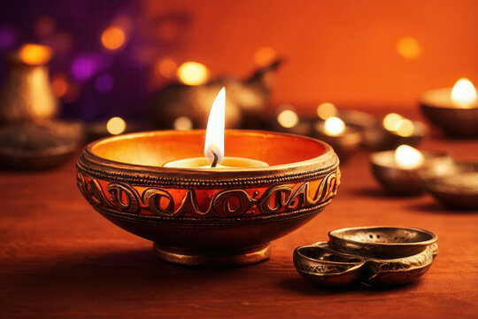 Colorful Diwali decorations traditional candles, oil lamps, vibrant flowers and bowls AI Generative
