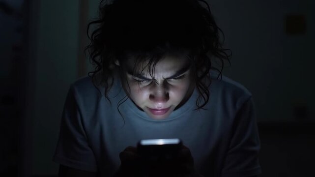 Phone screen glow at 3am, anxious eyes, unread notifications
