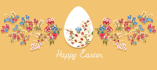 Easter holiday pattern greeting banner, background, poster, flyer, card, layout, presentation, brochure, templates illustration. Ukrainian tradition and art of decorating eggs and  flowers