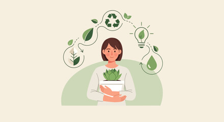 Sustainable living concept with woman holding plant and environment icons illustration