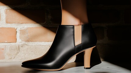 Stylish black heeled ankle boot showcased against a rustic brick wall