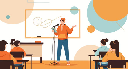 Teacher Publicly Presenting Lecture Lesson to Students in Classroom Illustration