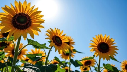 Fototapeta premium Vibrant sunflower blossoms bathed in golden sunlight against a clear azure sky, botany, landscape, macro