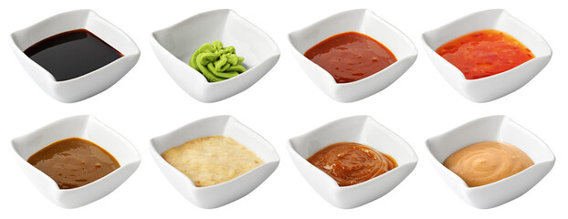Set of different sushi roll sauces isolated on white background