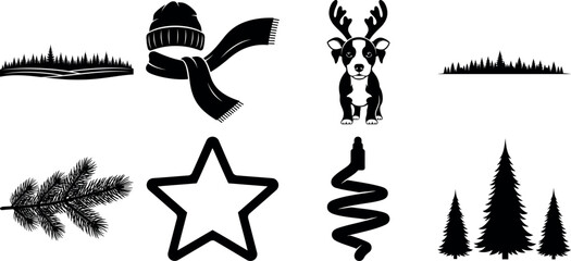 Vector art of collection of black christmas and winter holiday icons and elements