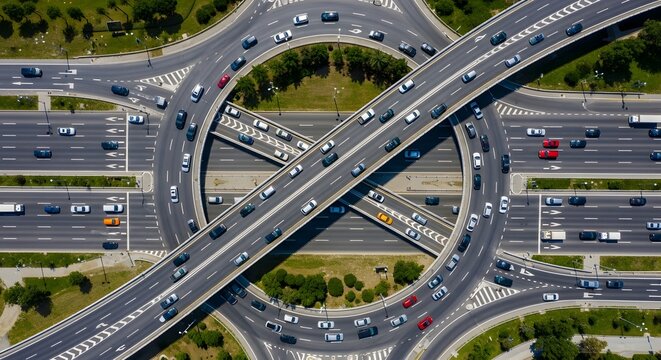 High-angle shot capturing a circular highway interchange with dense traffic on a sunny day. The complex road network features multiple lanes, vehicles in motion, and surrounding greenery.