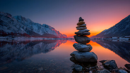 Tranquil sunset over lake with stacked stones reflected in water