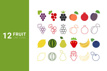 This collection showcases twelve unique line icons of fruits, including grapes, strawberries, and watermelons. The design features a blend of solid and outlined styles, creating a fresh look.