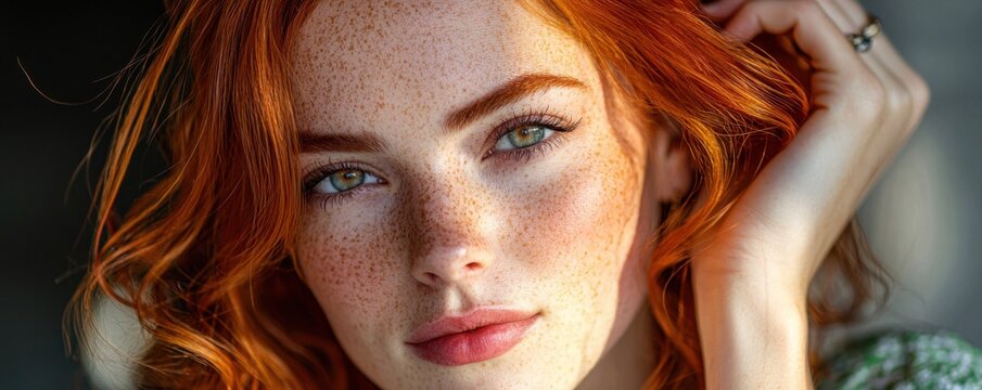 Close-up portrait of a woman with vibrant red hair and freckles