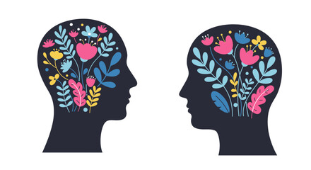 Creative Minds Blooming Together: Two Floral-Filled Heads Facing Each Other, Symbolizing Growth, Connection, and Fresh Ideas, Ideal for Wellness or Mental Health