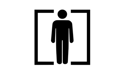 a black and white icon of a human figure inside a doorwayblack, door, doorway, elevator, icon, man, person, sign, stand, white 