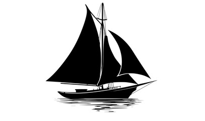a black and white silhouette of a sailboat with sailsblack, boat, calm, float, illustration, profile, sail, sailboat, sea, vessel, water 