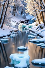 Frozen river scene with snow-covered banks, ice formations, and frosted trees reflecting in the still water, peaceful, reflection