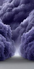 Ethereal pathway through purple-hued trees and clouds
