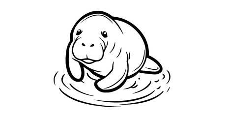 a cute manatee swimming in water with a happy expressionanimal, black, fish, hippo, illustration, image, manatee, sea, swim, water, whale 
