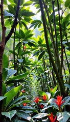 Obraz premium Lush green canopy, vibrant flora, dense vegetation, sunlight filtering through leaves, abundant biodiversity, forest, wildlife