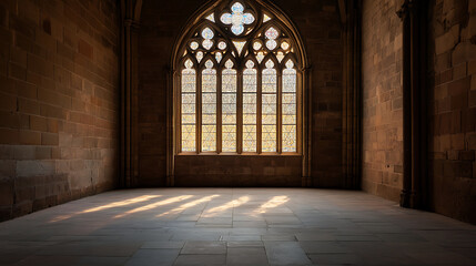 Sunlight streams through an arched window, illuminating a grand hall. The stone floor glows under the golden light in an empty, majestic space.