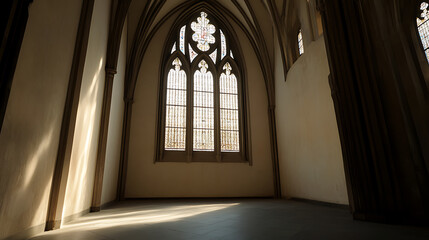 Obraz premium Sunlight streams through the arched window of an empty hall with high ceilings, creating an atmospheric and peaceful scene filled with architectural details.