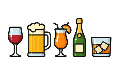 Variety of beverages on display with wine, beer, cocktail, champagne, and whiskey at a social gathering