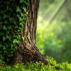 Obraz premium A close-up photograph presents a textured tree trunk intertwined with lush ivy. Sunlight streams through the forest, creating a soft, green ambiance