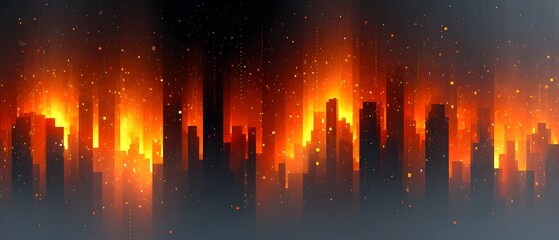 Abstract city skyline engulfed in flames and digital pixels