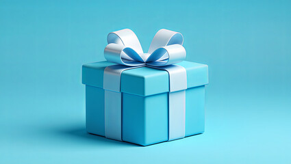 Obraz premium A bright blue gift box sits on a solid blue surface, adorned with a light blue ribbon. This colorful present is ideal for birthdays or festive events