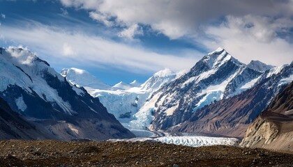 Dramatic Mountain Range Vista Adorned With Snowcapped Peaks And A Captivating Glacier