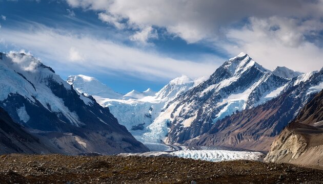 Dramatic Mountain Range Vista Adorned With Snowcapped Peaks And A Captivating Glacier