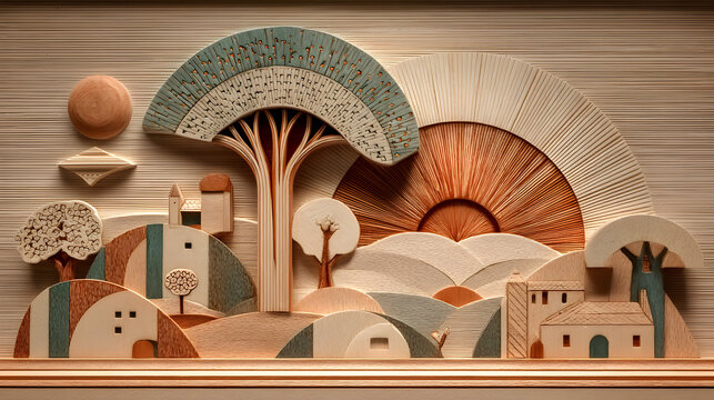 Artistic wooden bas relief of an abstract landscape scene featuring trees and architecture