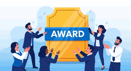 Team Celebrating Success, Achievement, And Recognition With A Visual Display Of A Special Award