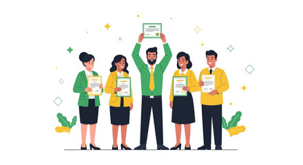 Team Celebrating Success, Award Ceremony, Employees Holding Certificates, Conceptual Illustration