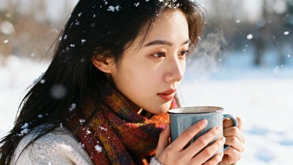 Young woman drinking hot beverage in snowy outdoor setting  