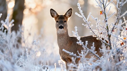 Female deer standing in a snowy forest with frosty branches  