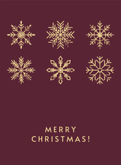 Merry Christmas greeting card. Snowflakes, grunge texture. Festive holiday design with snow flakes pattern, snow winter poster. Vintage postcard, grainy noise. Flat vector illustration typography.